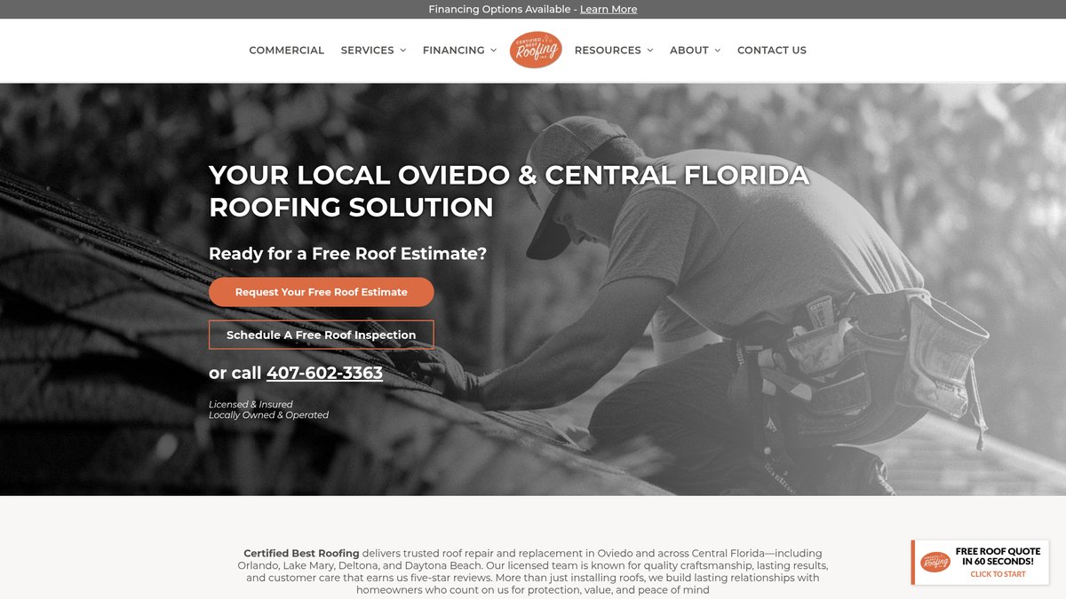 Certified Best Roofing website homepage built by AXF Creative