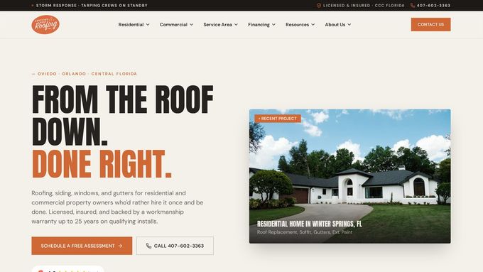 Certified Best Roofing website homepage built by AXF Creative